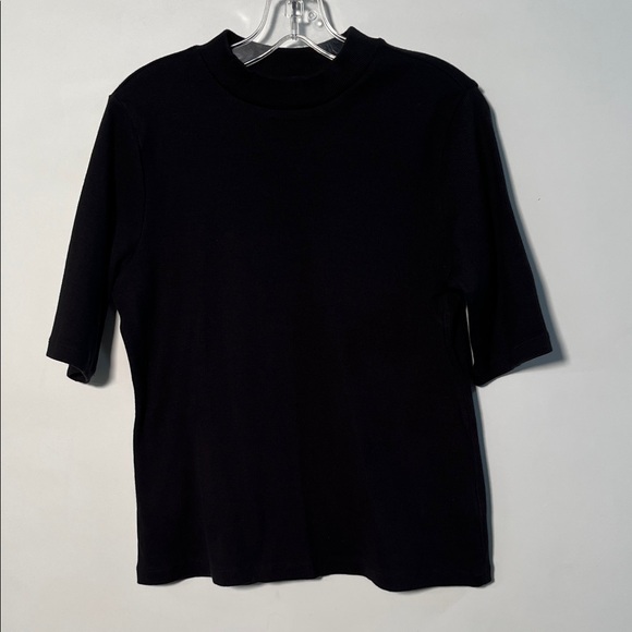 Maeve Tops - MAEVE BY ANTHROPOLOGIE Cotton Mock Neck Ribbed Short SLV Minimalist Black Top L